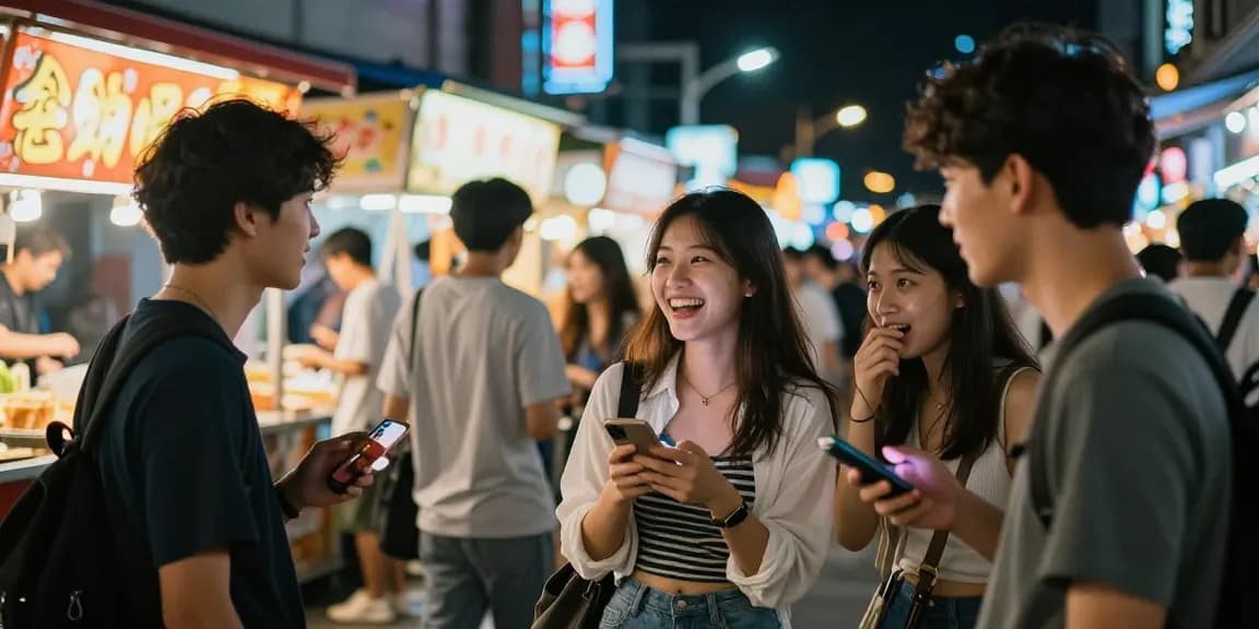 Gái gọi trong không gian sôi động của phố đêm, cùng bạn bè thưởng thức ẩm thực đường phố.