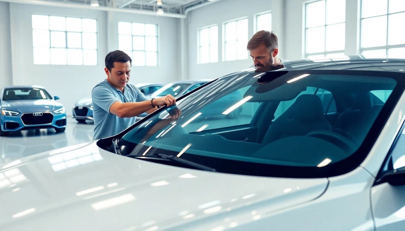 Applying paint protection film near me on a luxury car with expert precision in a bright workshop.