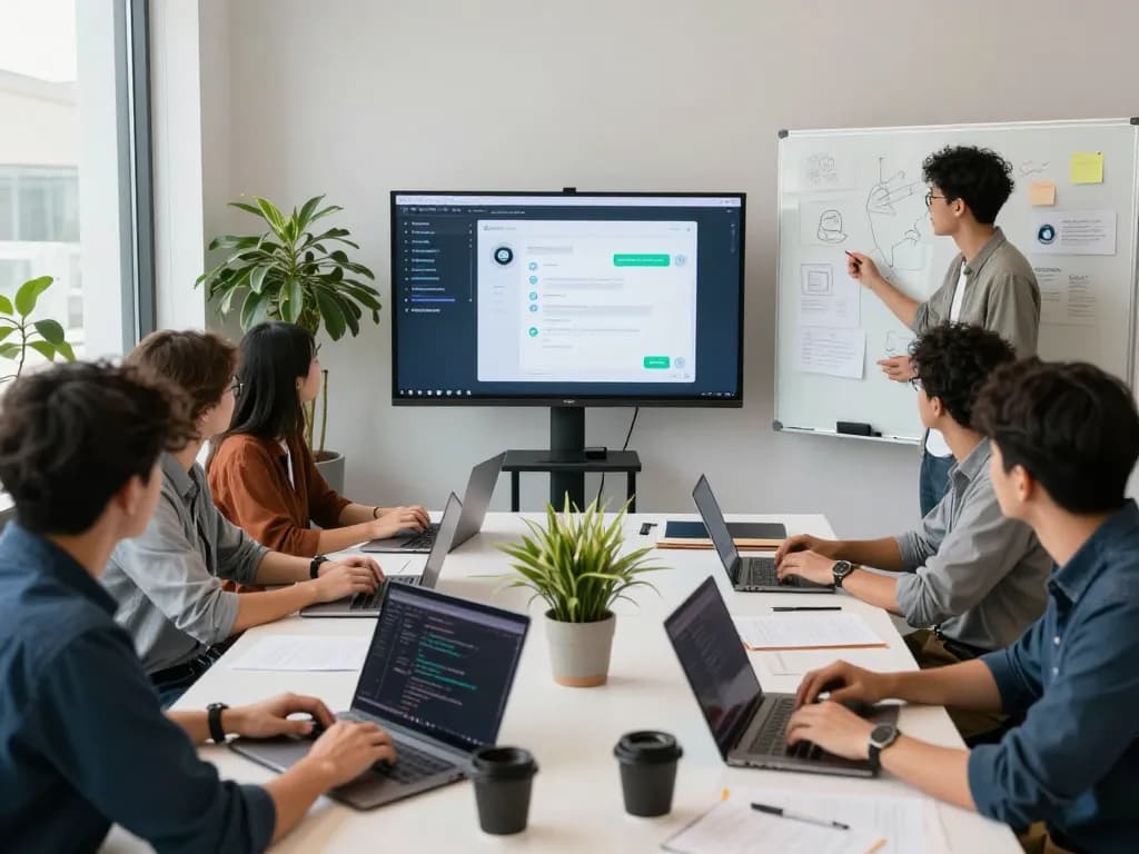 AI chatbot development team collaborating on juicy ai project in a modern workspace