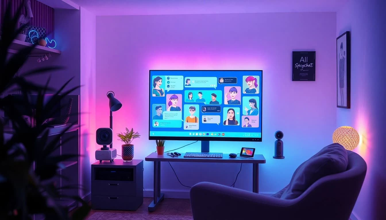 Interactive spicychat AI characters in a modern digital chatroom setup with vibrant visuals.
