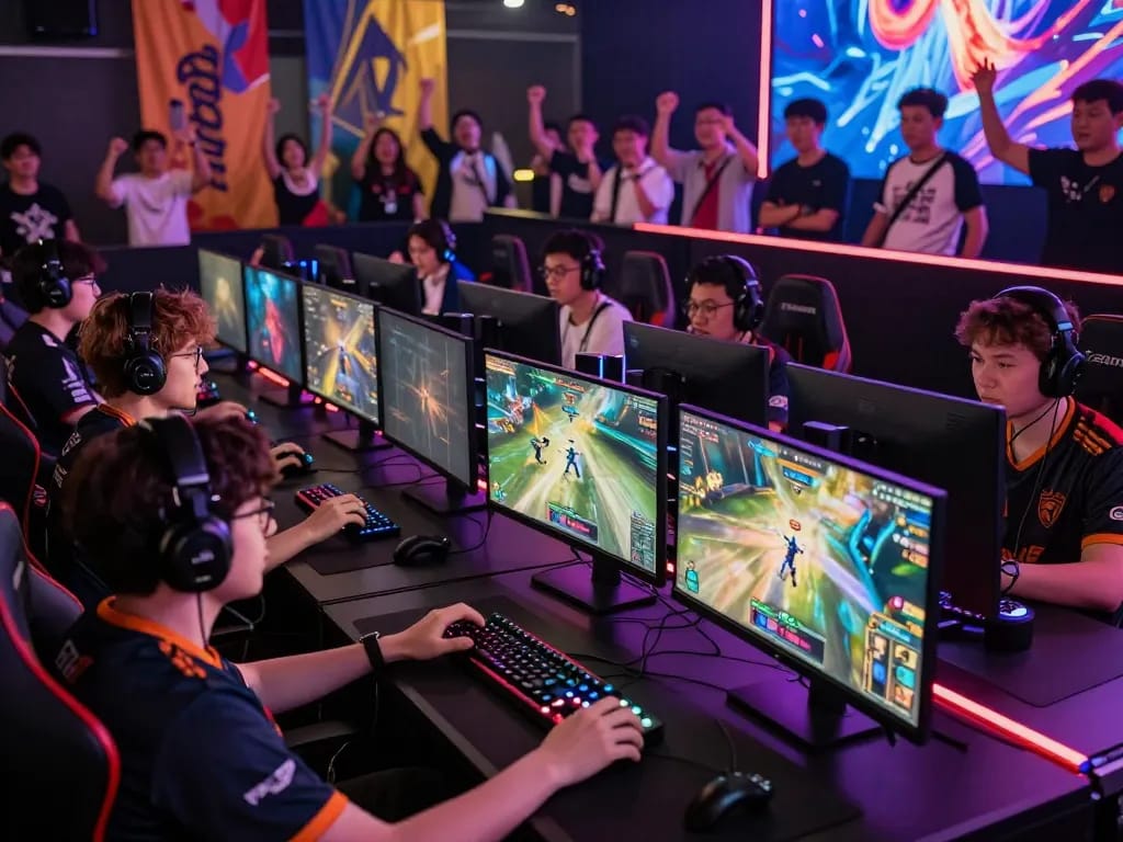 Exciting eSports arena scene with gamers competing and showing passion for dragon77.