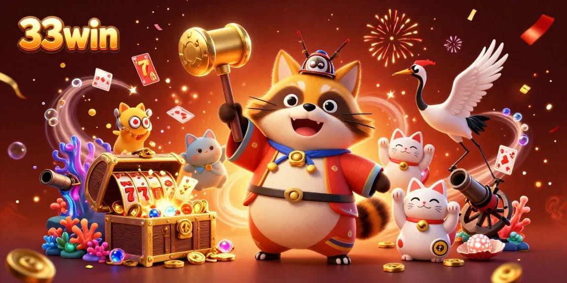 Experience winning thrills at 33win with joyfully gamified characters amidst vibrant casino elements, capturing excitement.