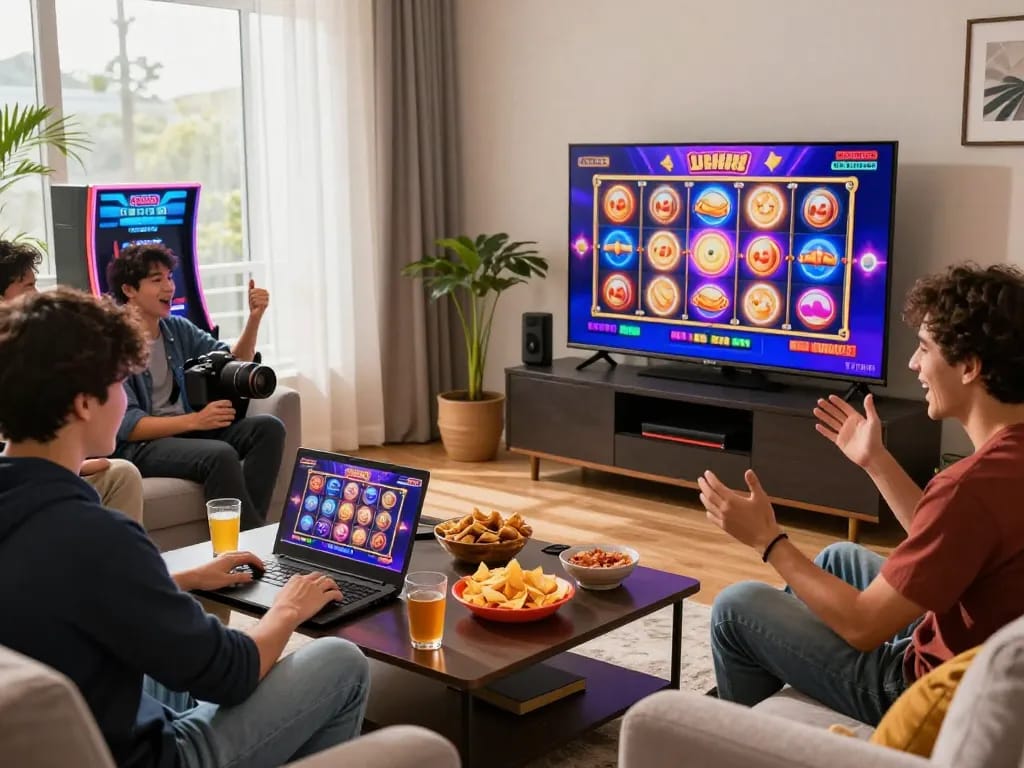 Teman-teman menikmati laoban188 slot online di ruang tamu yang nyaman dengan suasana permainan yang cerah.