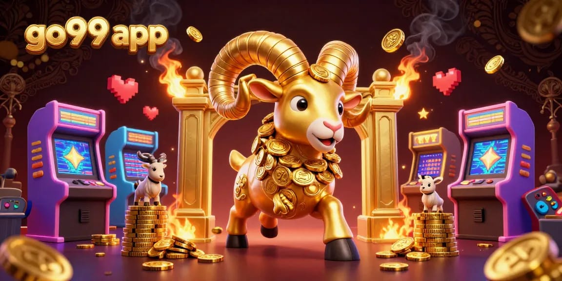 Play exciting games with the go99 app, featuring a vibrant 3D scene rich with casino elements.