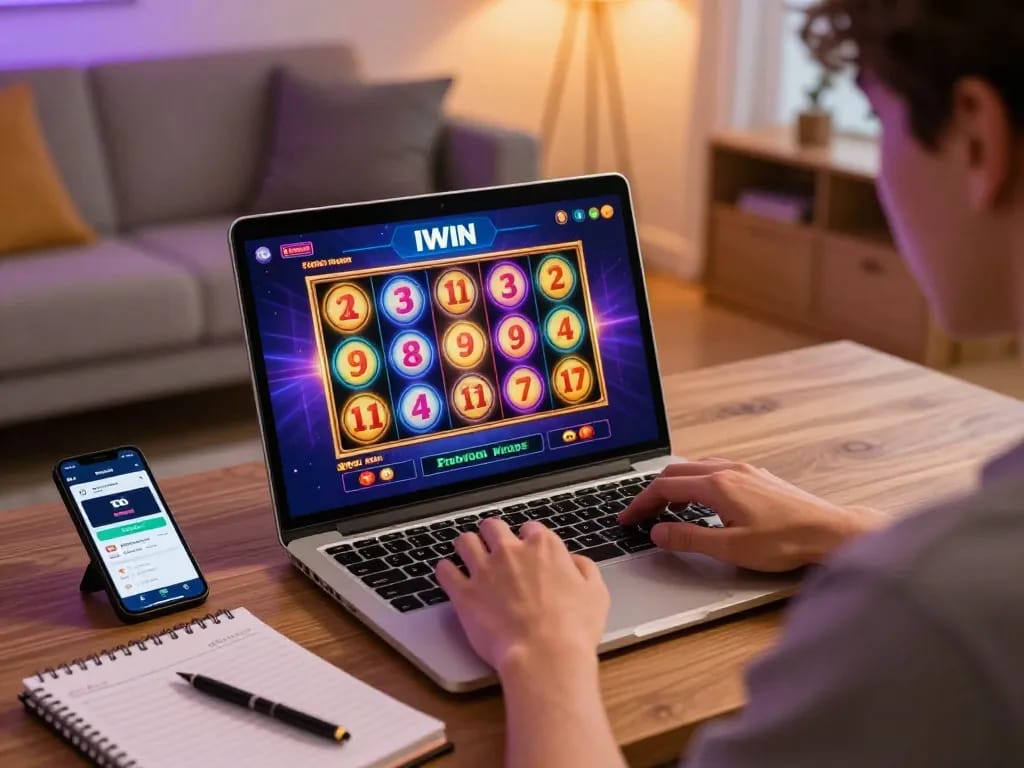 IWIN online gaming setup with person using laptop, engaging in responsible gambling.
