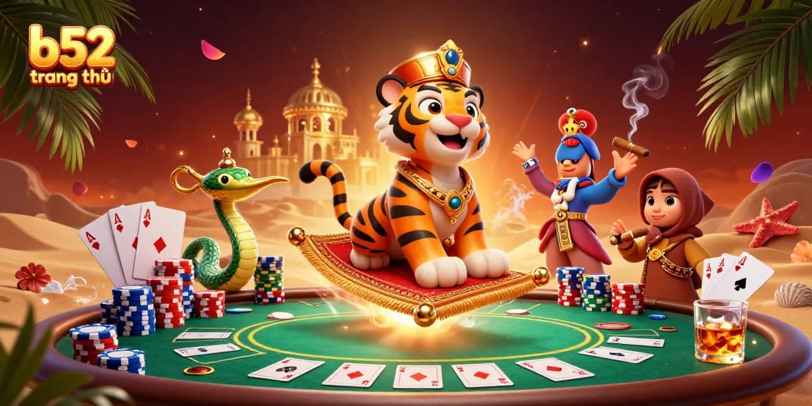 Engage with b52 trang chủ for thrilling casino adventures featuring a tiger sultan and poker action.