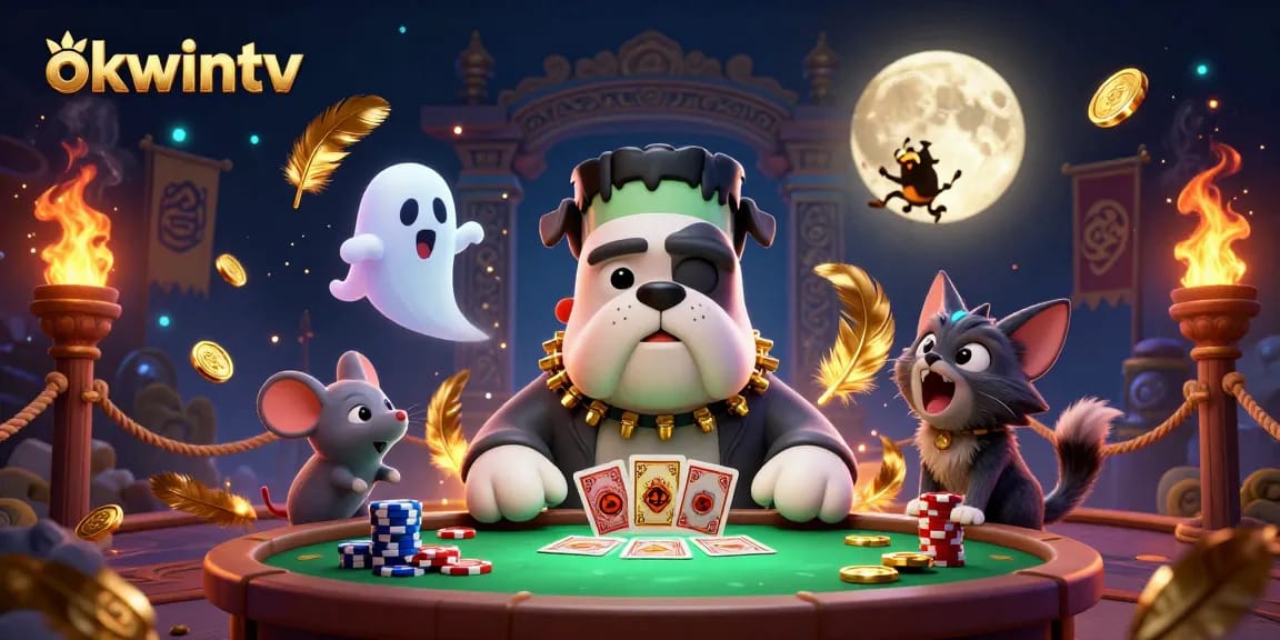 Experience thrilling gaming at okwintv with this dynamic 3D illustration showcasing monsters and casino elements.