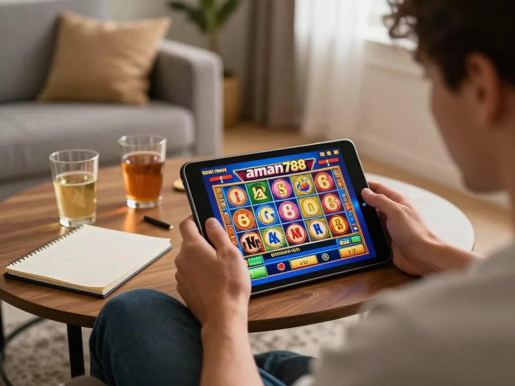 Sesi menarik di aman788 slot online yang menampilkan pemain menggunakan tablet untuk permainan strategis di rumah