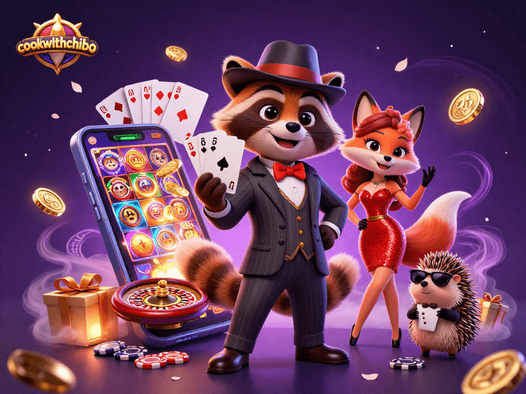 Join the excitement at cookwithchibo with a suave raccoon showcasing a royal flush in vibrant casino scene.