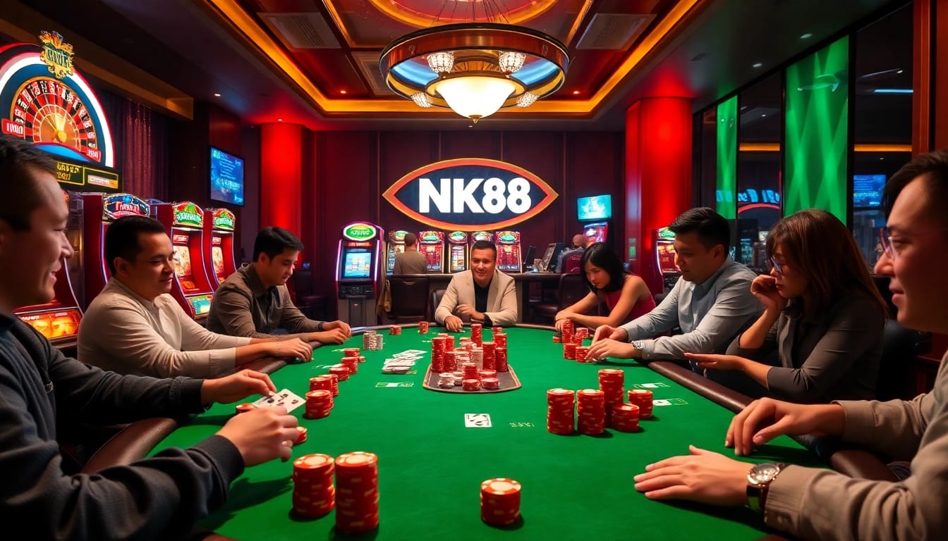 Players engage in intense poker action at NK88 casino, showcasing strategy and excitement.