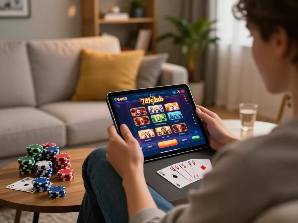 Engaging in responsible online gaming at 789club with a cozy setup featuring a tablet.