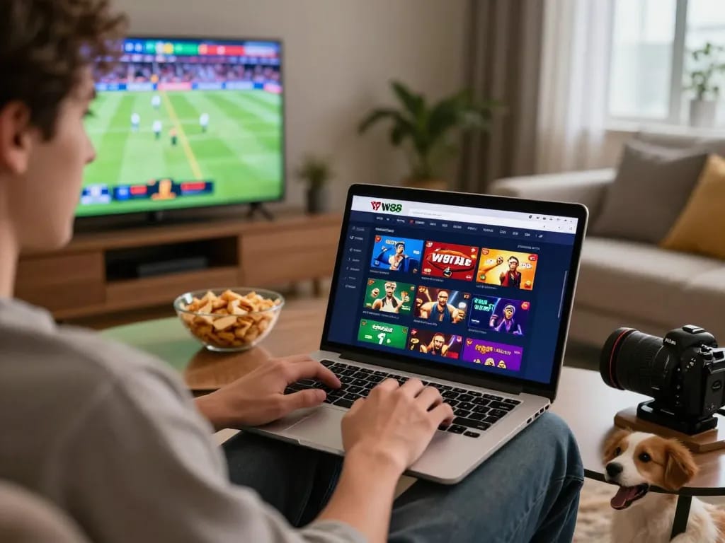 Engaging W88 online gambling scene in a cozy home setting, player immersed in sports betting and casino games.