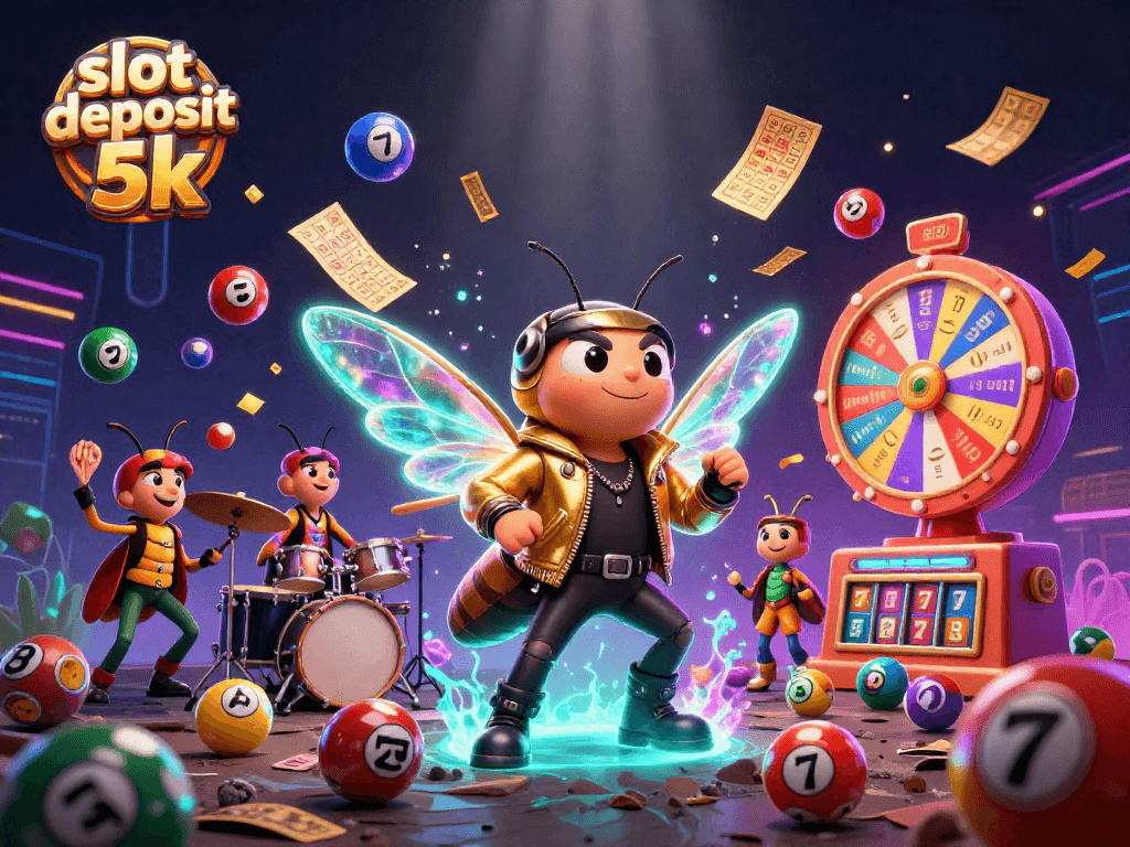 Slot deposit 5k illustration showcasing a vibrant casino scene with a cicada rock star and dynamic elements.