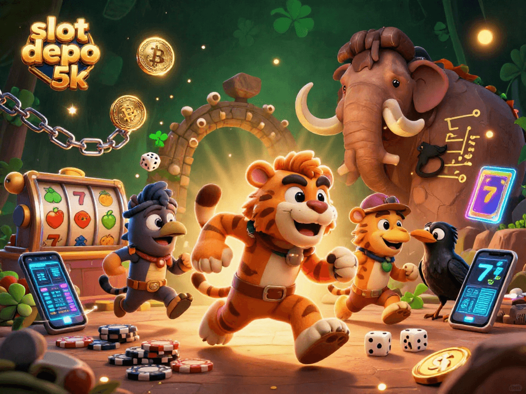 Play exciting slot depo 5k games with vibrant characters and casino elements in a dynamic illustration.