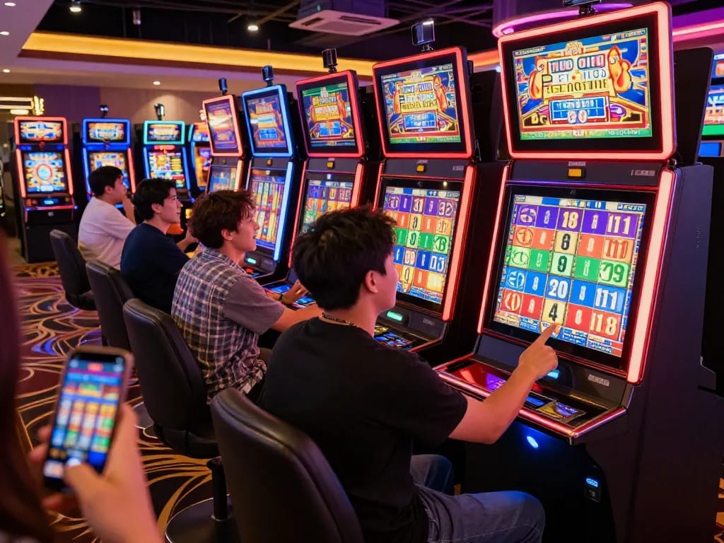 Players enjoying the thrill of Da88 slot machines in a vibrant casino environment.