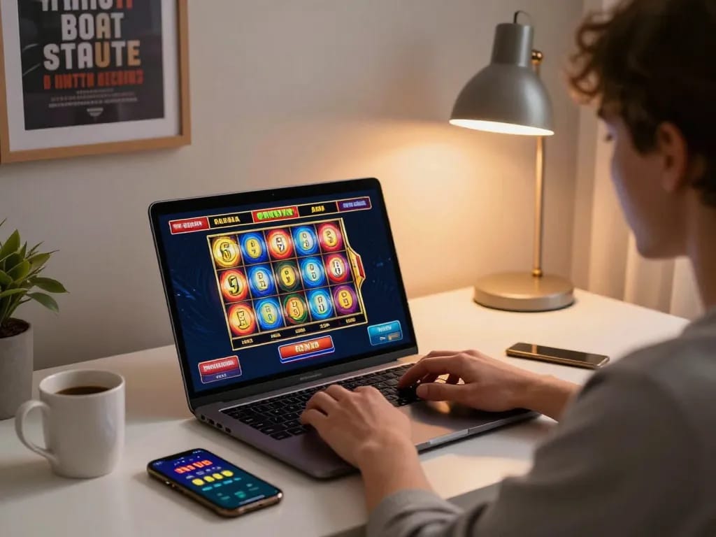 Engaging player using laptop for link gacor online casino gaming with vibrant slot machine interface.
