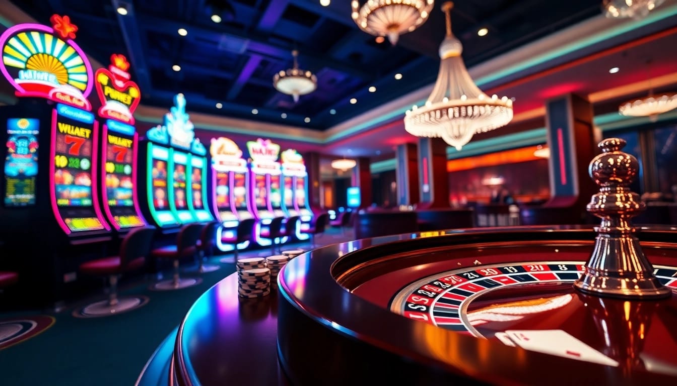 Exciting gaming scene at bl555 casino with vibrant slot machines and roulette.