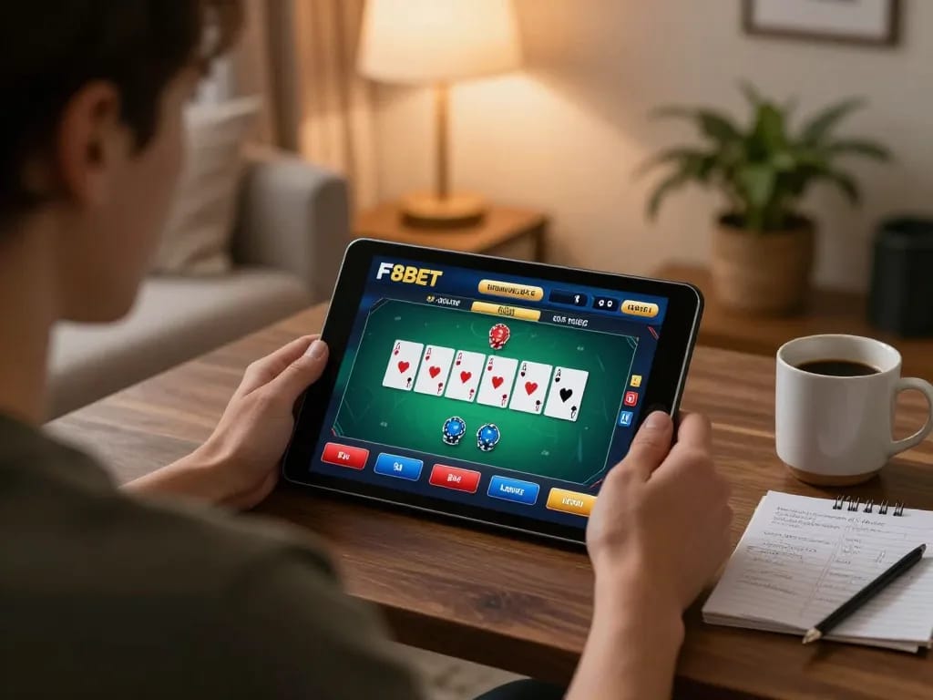 Engaged player using F8BET app on tablet at home, surrounded by strategy notes and a warm atmosphere.