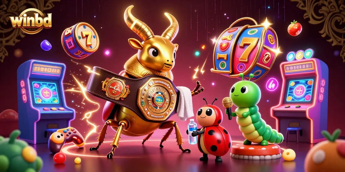 Engage with winbd's thrilling slot games featuring a giant gold stag beetle in a vibrant casino illustration.