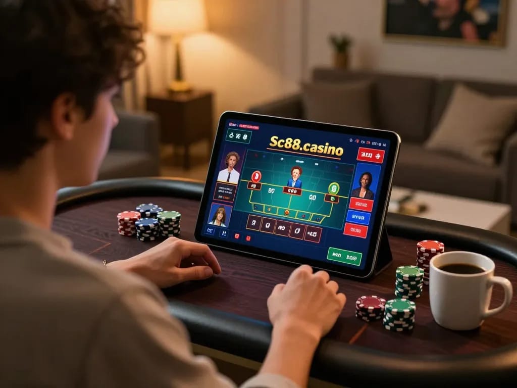 Experience online blackjack excitement at https://sc88.casino/ with vibrant gameplay depicted on a tablet.