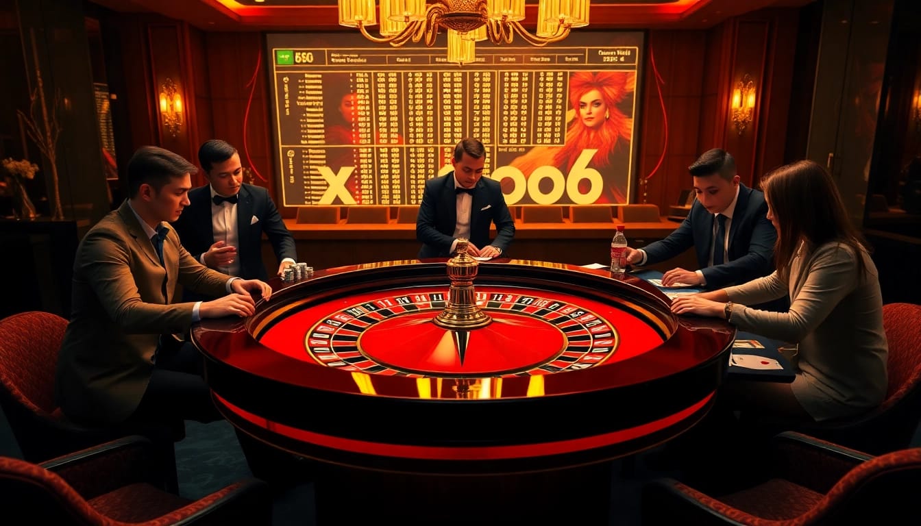 xoso66 casino players engage at a vibrant roulette table in an elegant setting.