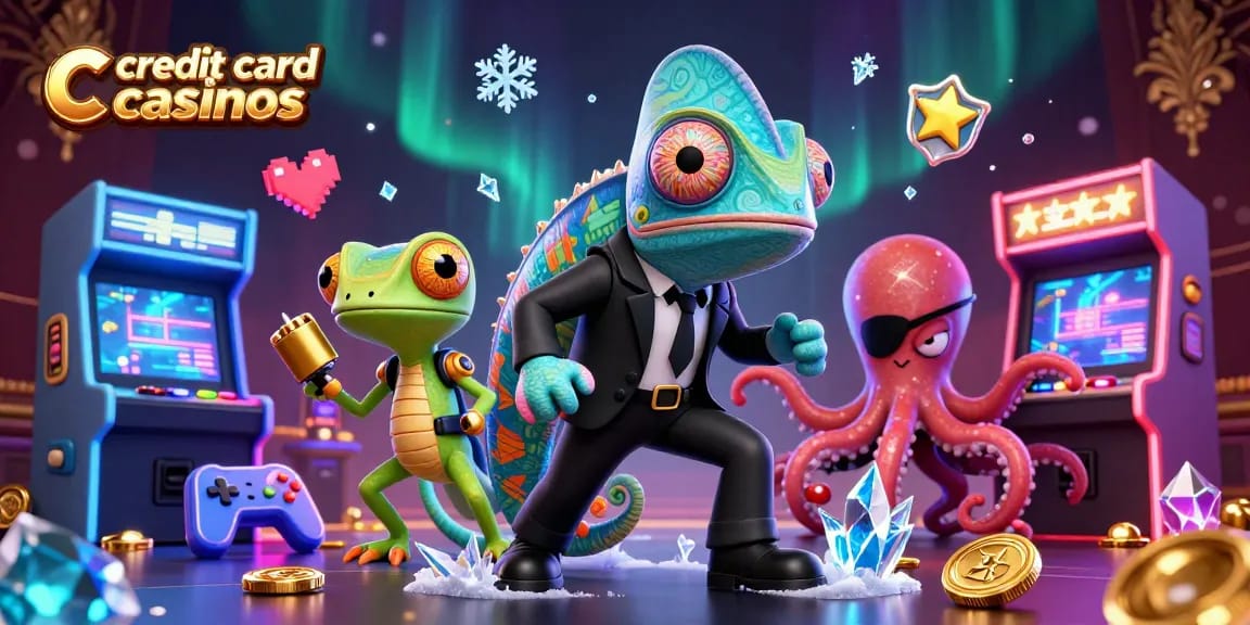 Experience the thrill of credit card casinos with vibrant 3D characters and gaming elements in a lively scene.