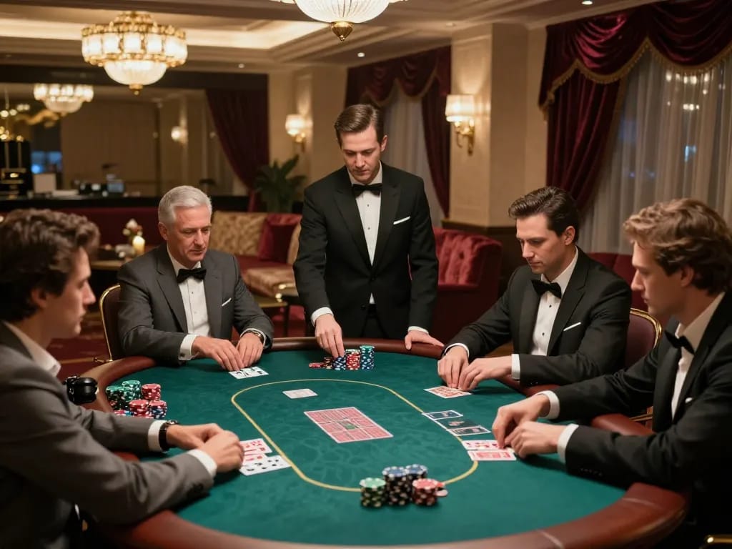 High-stakes poker game at 388bet featuring focused players and elegant atmosphere.