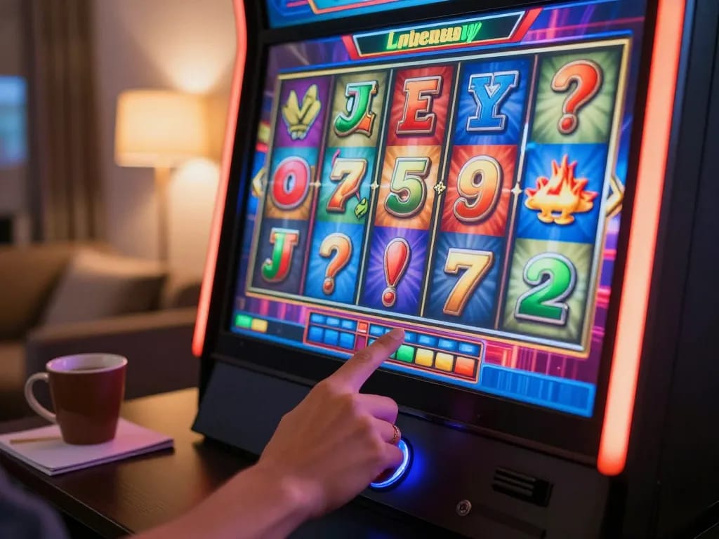 Player engaging with slot depo 5k online slot machine, spinning colorful reels with strategic focus.