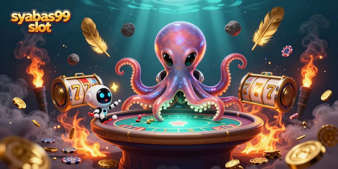 Play exciting syabas99 slot games with a dynamic 3D illustration of an alien octopus and poker elements.
