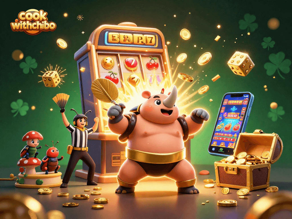 Experience the action at cookwithchibo with slot machine jackpots, coins, and vibrant casino characters!