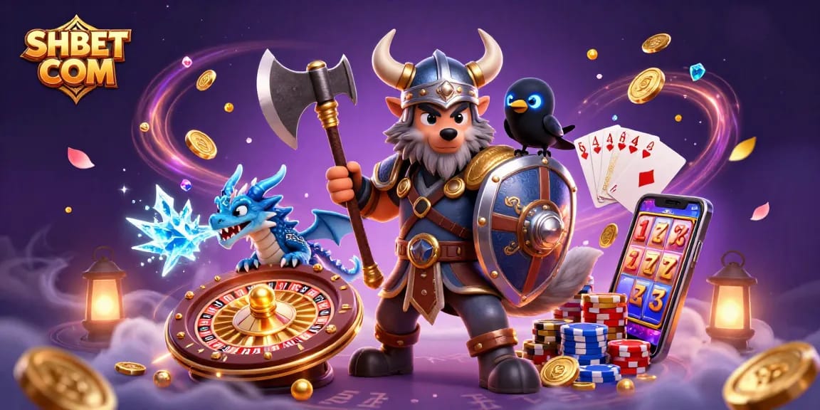 Win big with SHBET COM in this vibrant illustration of a Viking wolf warrior, fierce dragon, and raven.