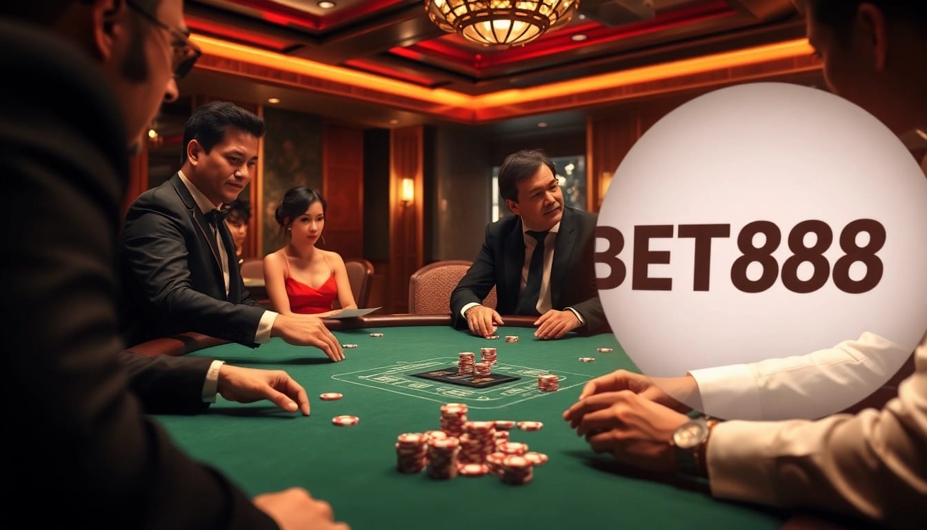Engaged players strategizing their bets in a luxurious BET88-themed poker room.