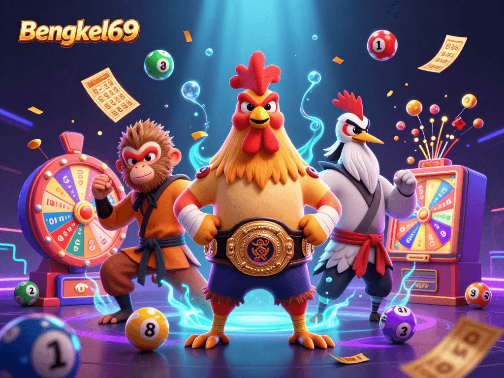 Bengkel69 showcases vibrant lottery excitement with colorful elements and dynamic characters in a captivating casino scene.