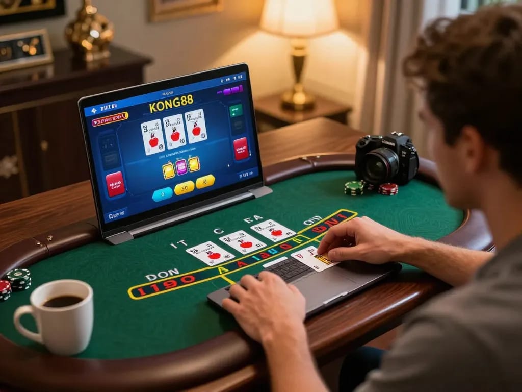 KONG88 player engaging in a live dealer game on a laptop, showcasing an immersive online casino experience.