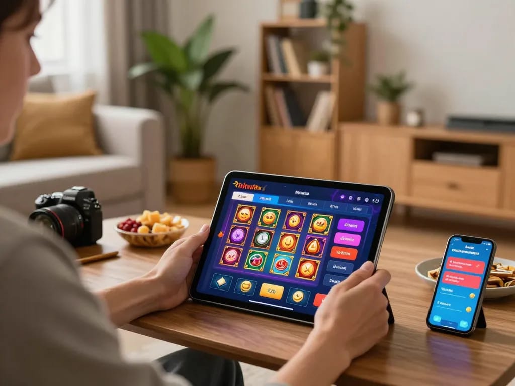 Engaging with the Rikvip casino app on a cozy home setup, showcasing vibrant graphics and strategic gameplay.