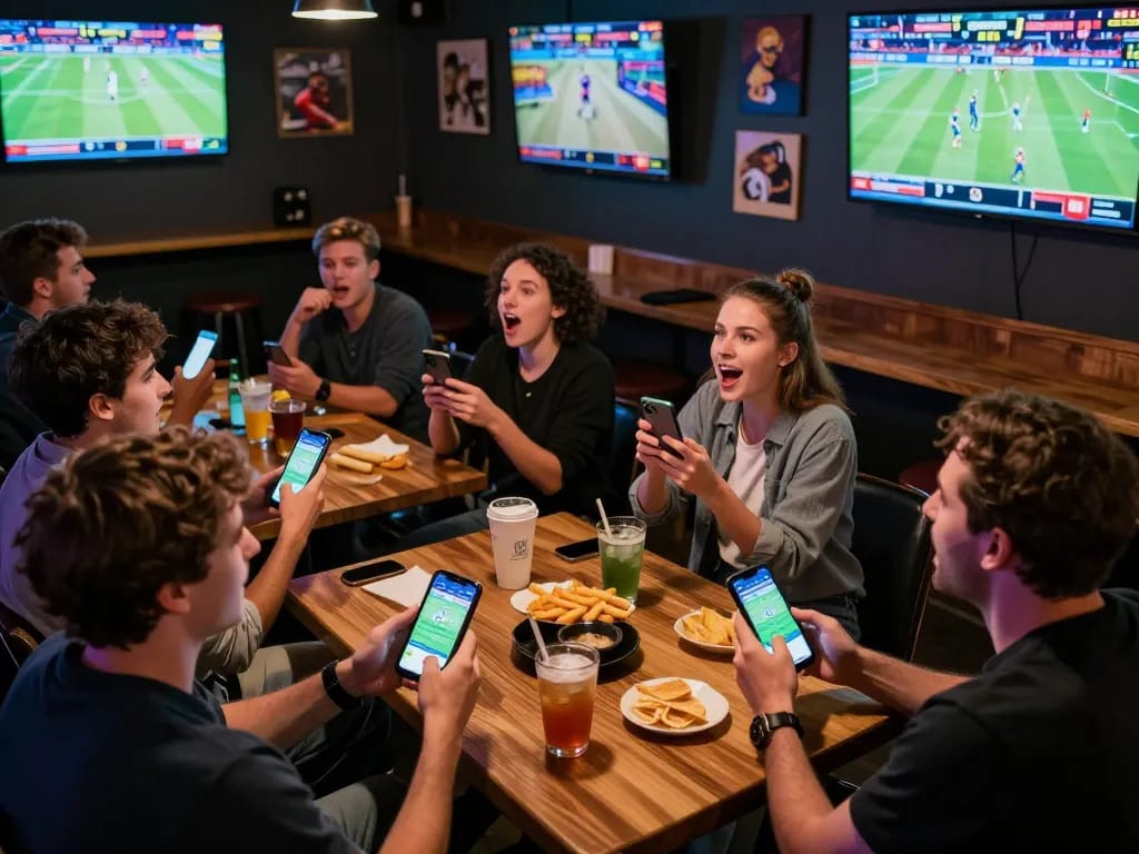 Friends enjoying live sports wagering at the bar while using the 28bet app on their devices.
