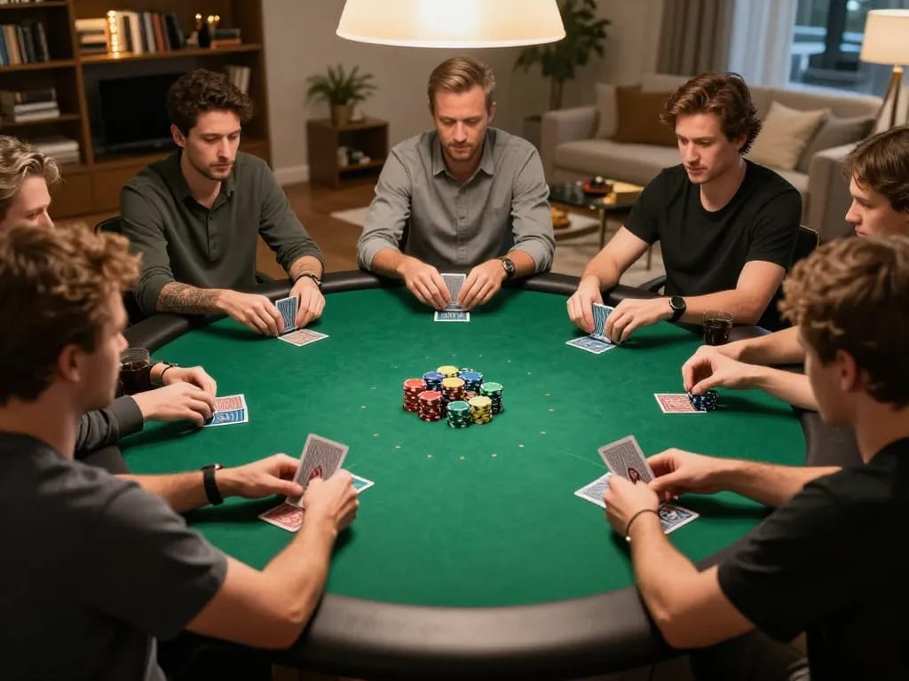 KONG88 poker game in progress with colorful chips and engaged players in a warm home setting.