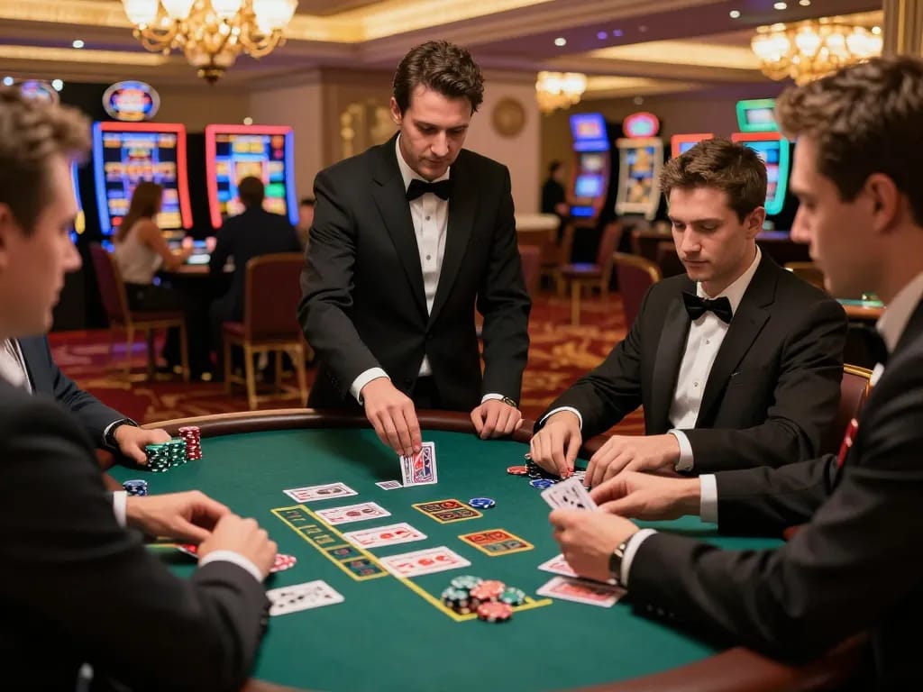 Pemain Tante77 terlibat dalam permainan blackjack strategis di kasino mewah.