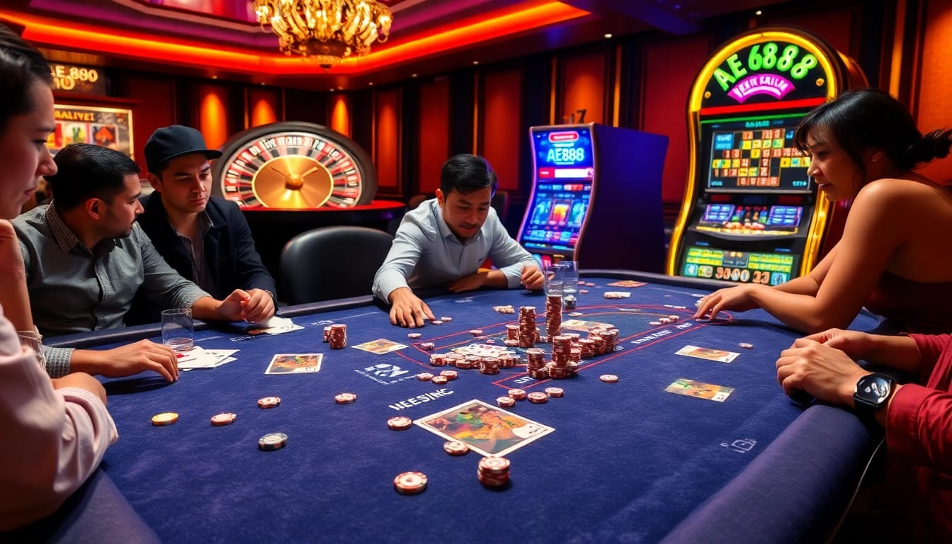 Players enjoying the AE888 gaming experience at a luxurious casino table.