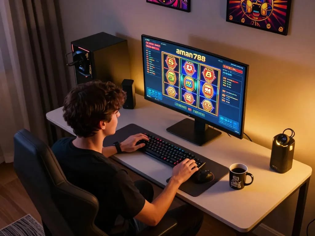 Engaged player enjoying aman788 slot online gaming on a sleek setup with vibrant decorations, emphasizing exciting gameplay.