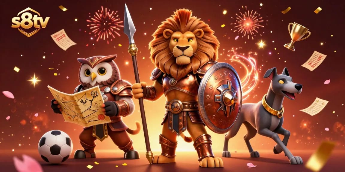 S8TV elevates sports betting with a vibrant scene featuring a Spartan lion, strategist owl, and greyhound messenger.