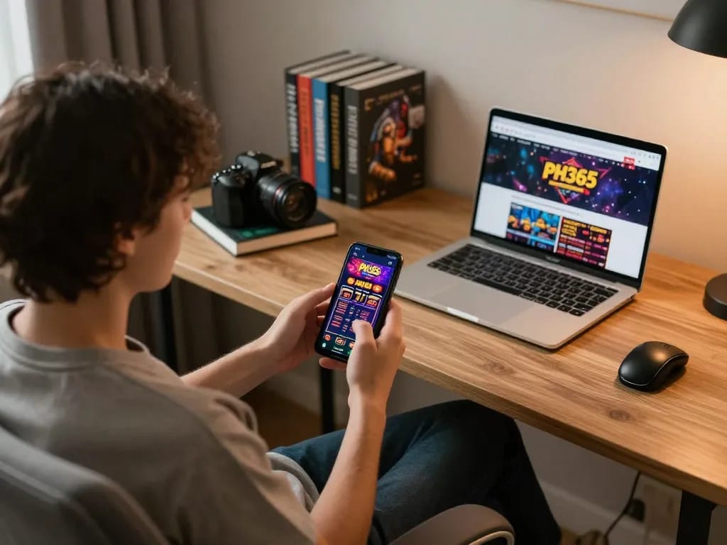 Player engaging in online gambling on PH365 app in a cozy home setting.