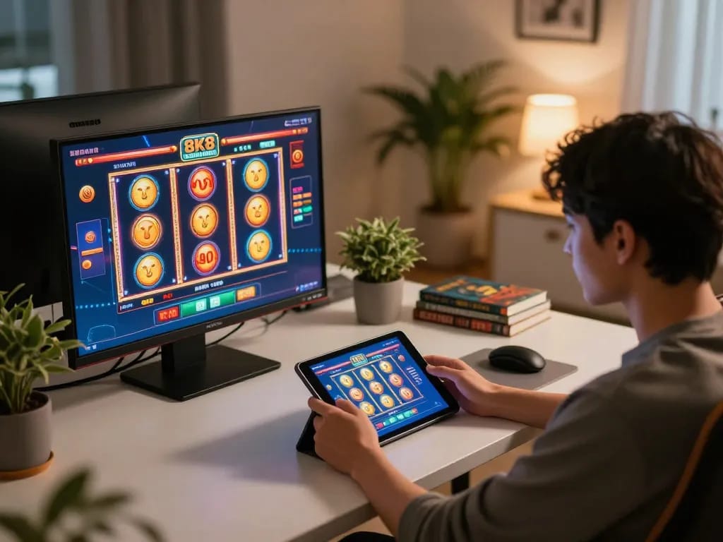 Engaging online gaming with 8K8 on tablet in a cozy home setting
