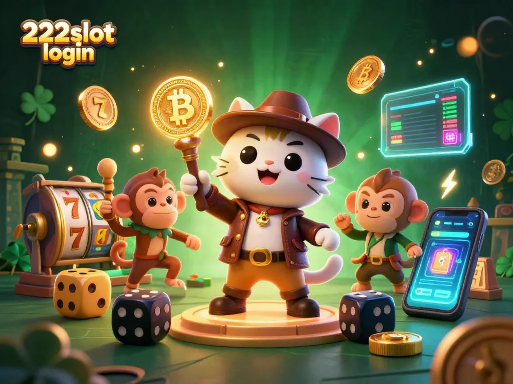Gaya permainan menarik di 222slot login dengan ilustrasi kucing arkeolog menemukan artefak kasino emas.