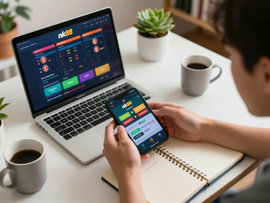 Player using nk88 casino app on smartphone at home gaming setup, relaxed atmosphere with betting notes.