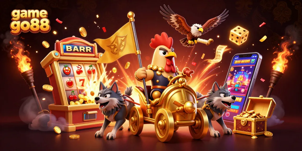 Engage with game go88 in this vibrant 3D illustration of a rooster warlord chariot hit with jackpot excitement.