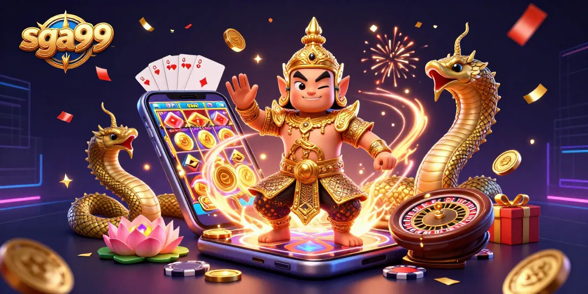 sga99 players enjoy spinning reels and vibrant coins in a magical Thai casino setting