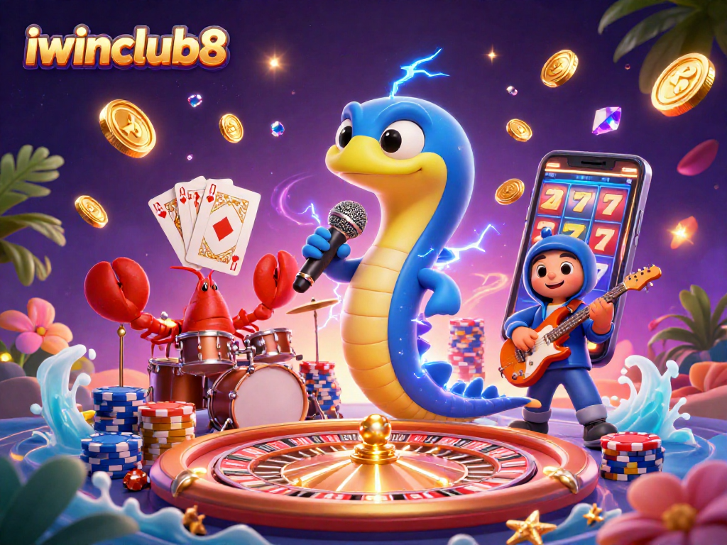 iwinclub8 showcases an electric eel DJ at an underwater casino, surrounded by gold coins and gems.