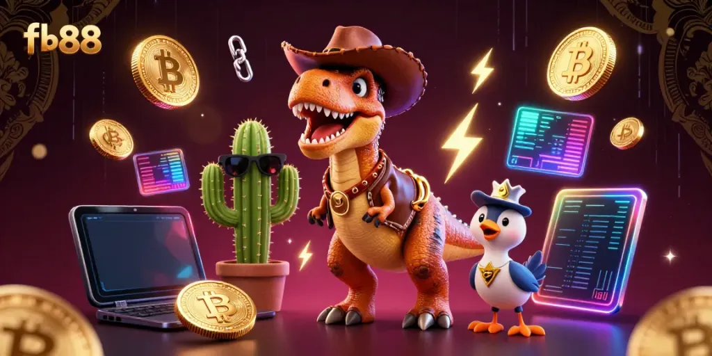 Engage with fb88 in a vibrant 3D illustration of a cowboy dinosaur and friends surrounded by crypto themes.