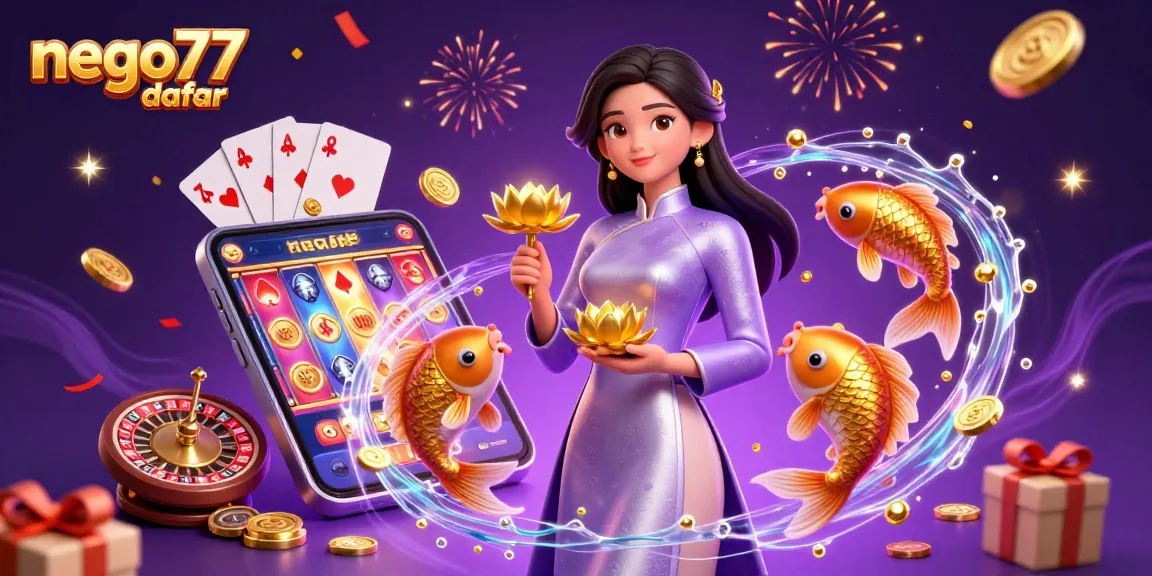 Engage with nego77 daftar through an illustration of a gaming experience featuring an Asian woman with a golden lotus, surrounded by casino elements.